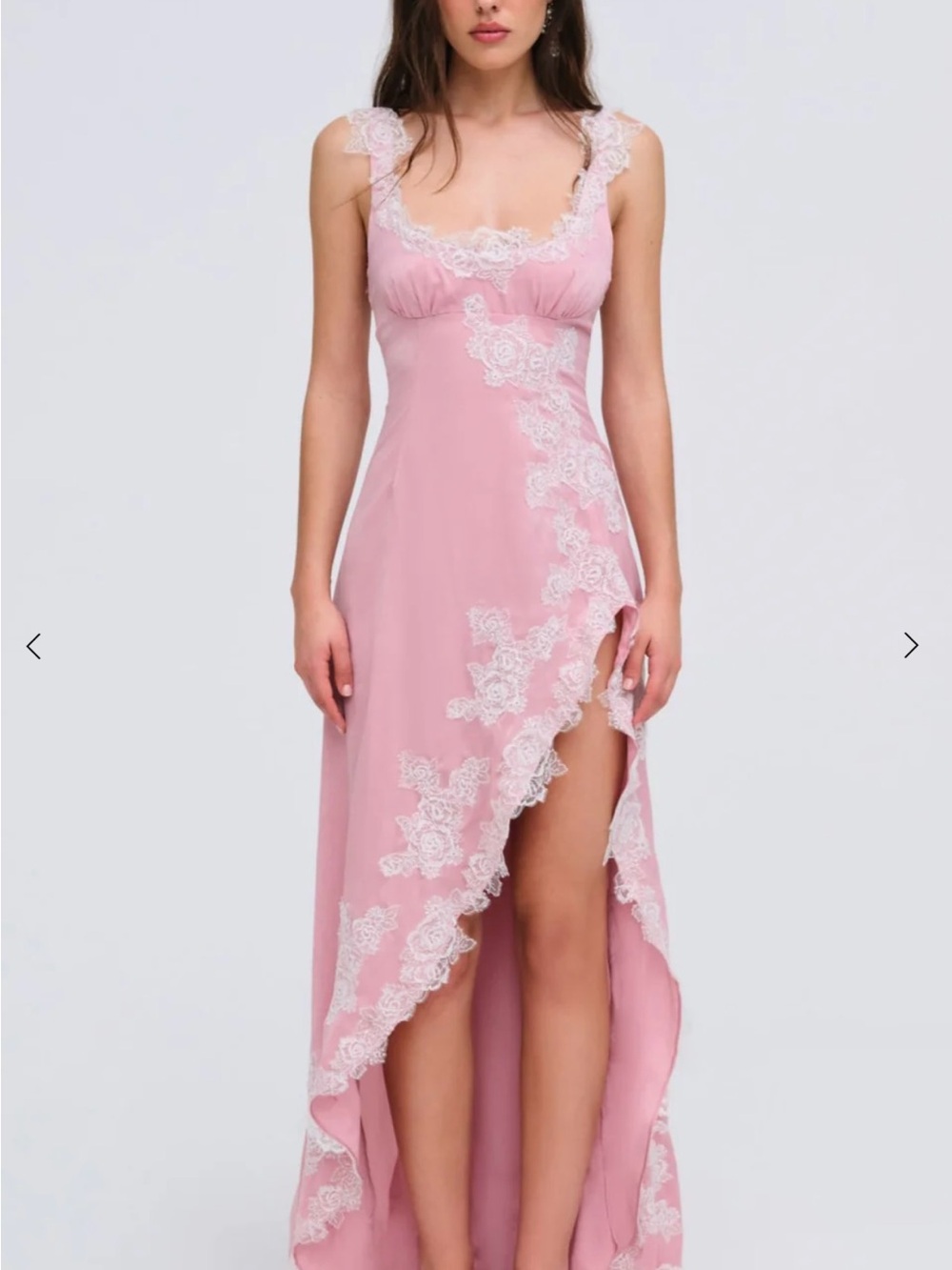 For Love & Lemons Clemence Maxi Dress in Pink Lace-Trim High-Low Slip Dress